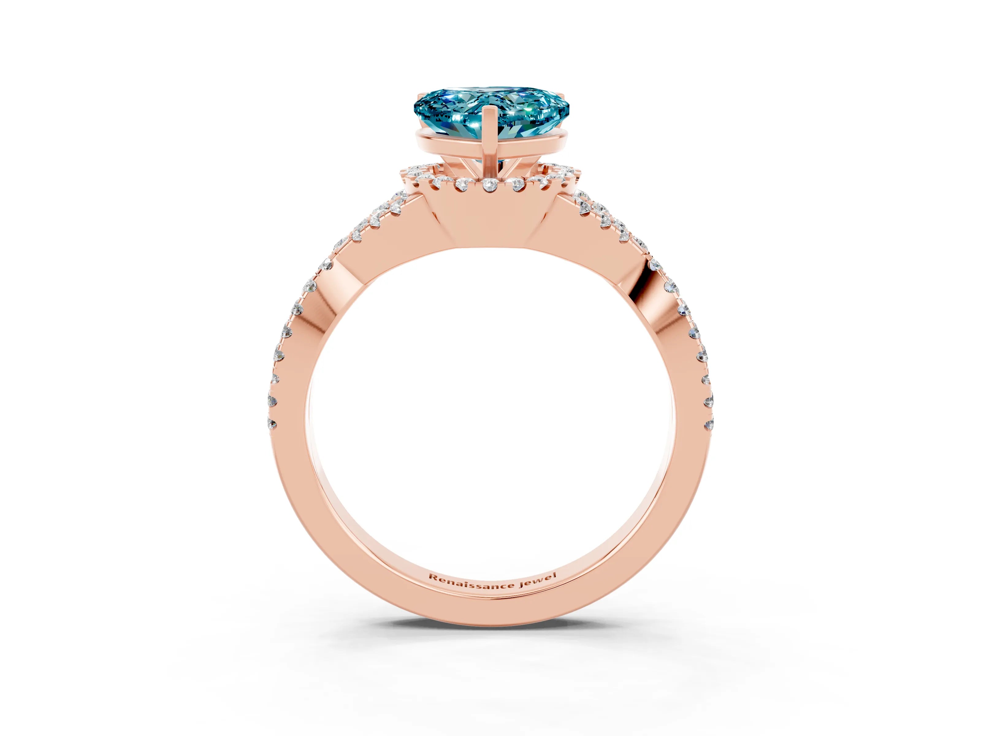 Rose gold Heart Cut Blue Topaz Halo Twist Band Solitaire Prong Setting Ring_3