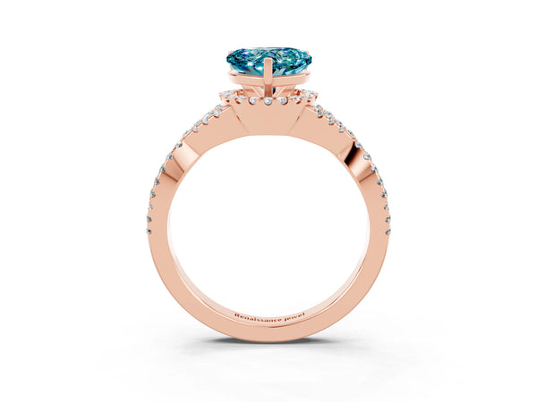 Rose gold Heart Cut Blue Topaz  Halo Twist Band Solitaire Prong Setting Ring