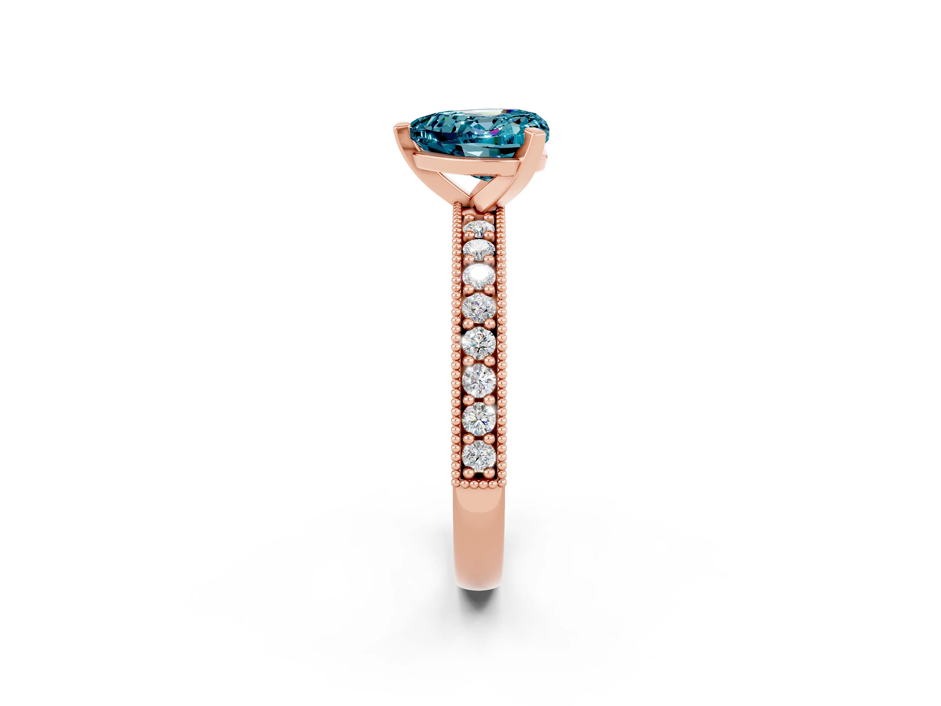 Rose gold Heart Cut Blue Topaz Milgrain Pavé Engagement Ring with Four-Prong Setting_14