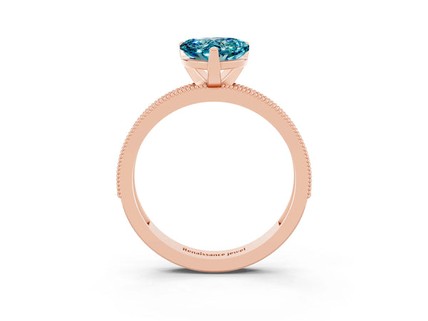 Rose gold Heart Cut Blue Topaz Milgrain Pavé Engagement Ring with Four-Prong Setting