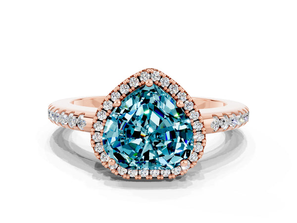 Rose gold Heart Cut Blue Topaz Pavé Halo Ring with Four-Prong Setting