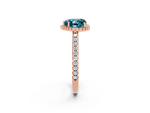 Rose gold Heart Cut Blue Topaz Pavé Halo Ring with Four-Prong Setting