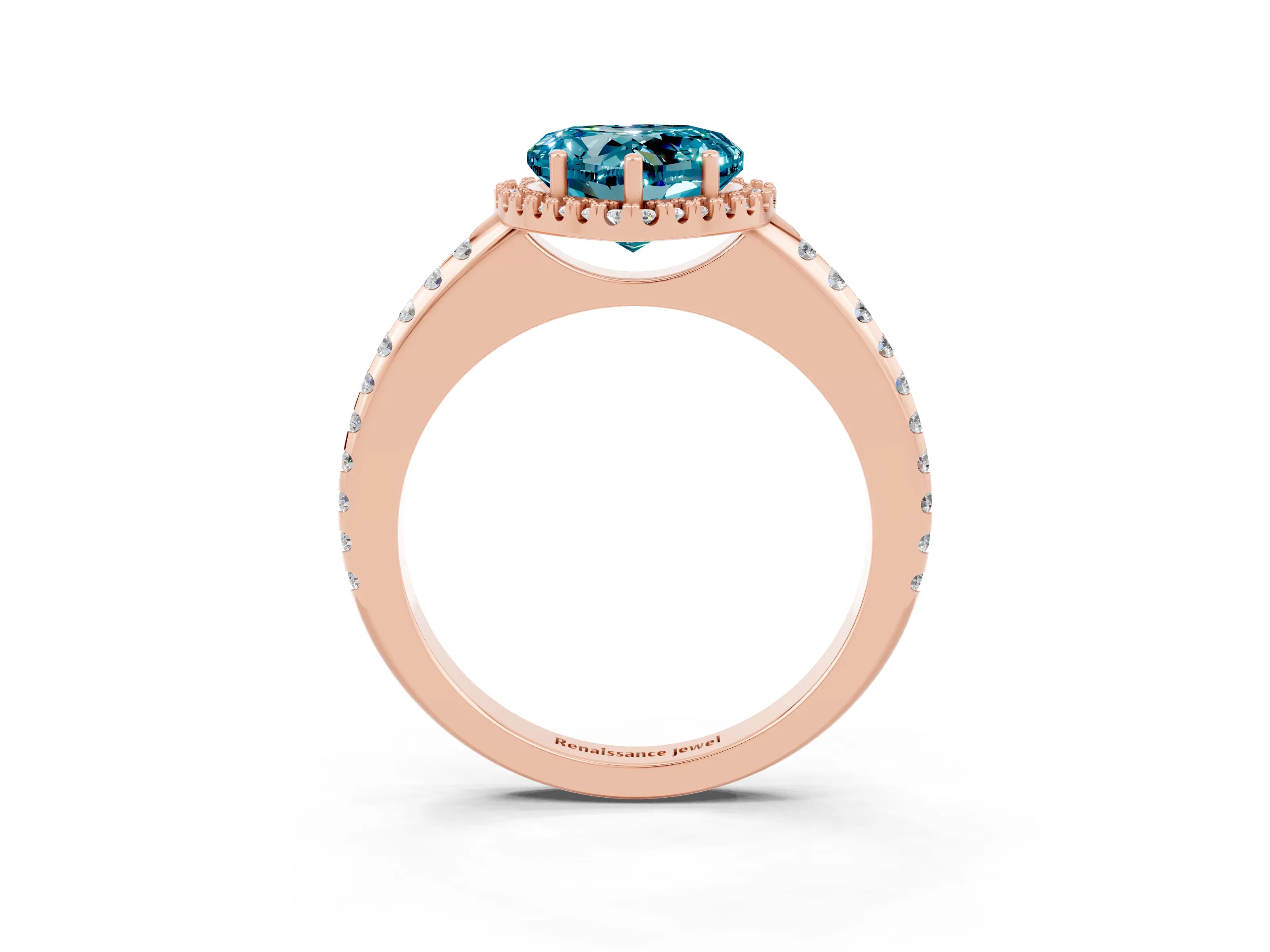 Rose gold Heart Cut Blue Topaz Pavé Halo Ring with Four-Prong Setting_15