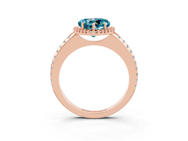 Rose gold Heart Cut Blue Topaz Pavé Halo Ring with Four-Prong Setting