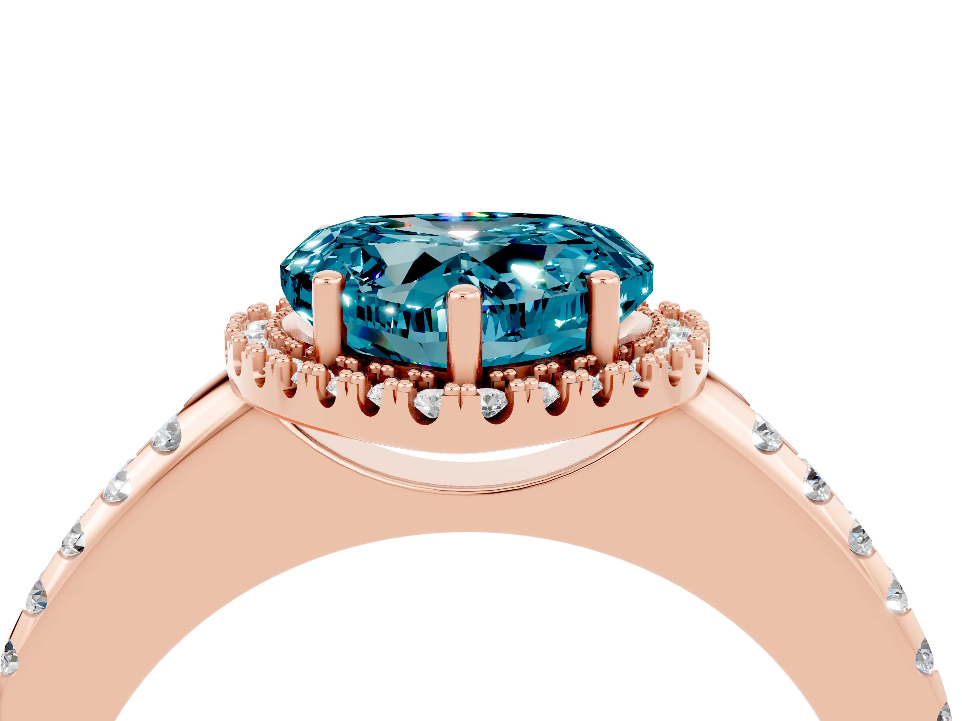 Rose gold Heart Cut Blue Topaz Pavé Halo Ring with Four-Prong Setting_16