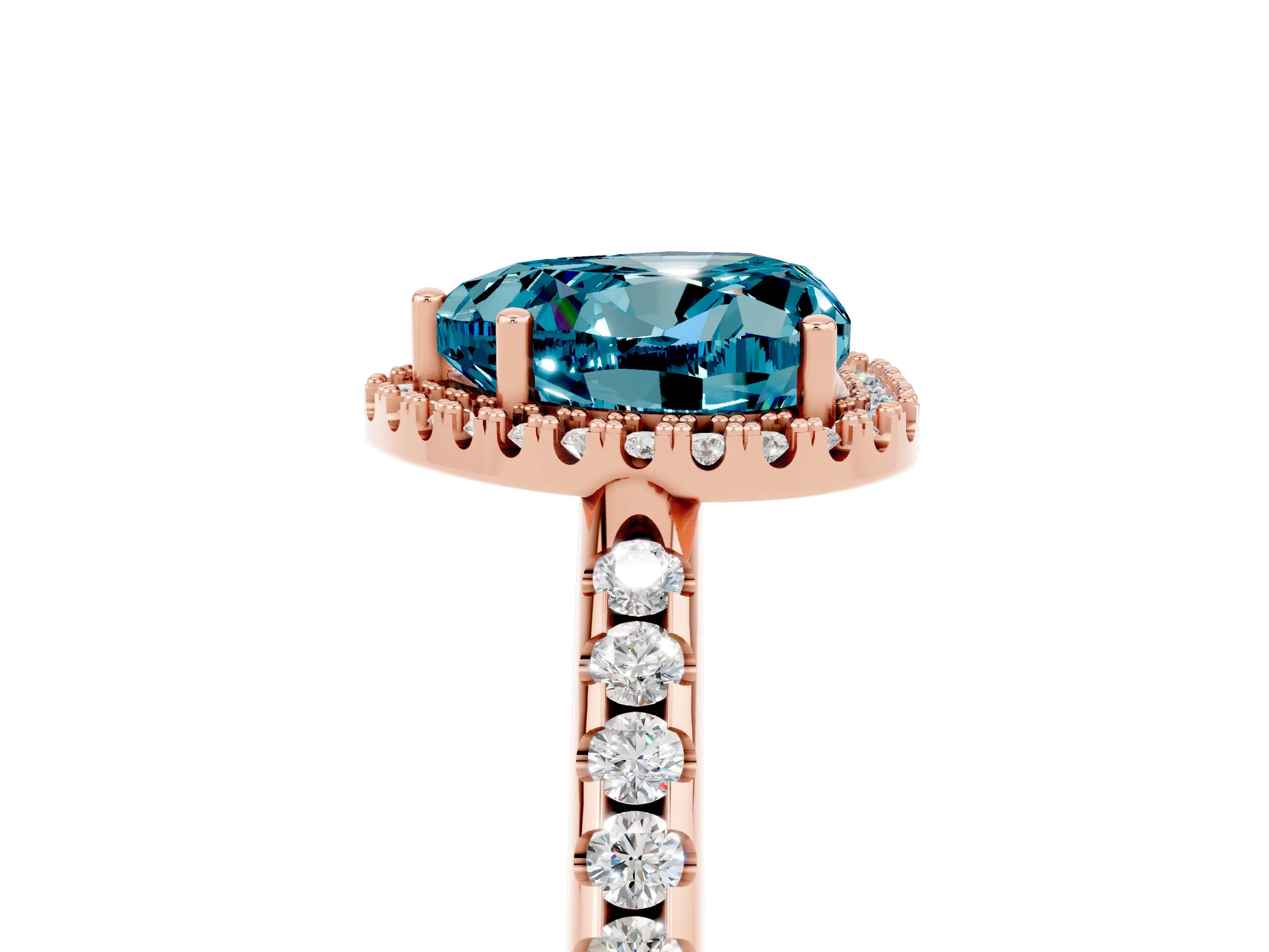 Rose gold Heart Cut Blue Topaz Pavé Halo Ring with Four-Prong Setting_17