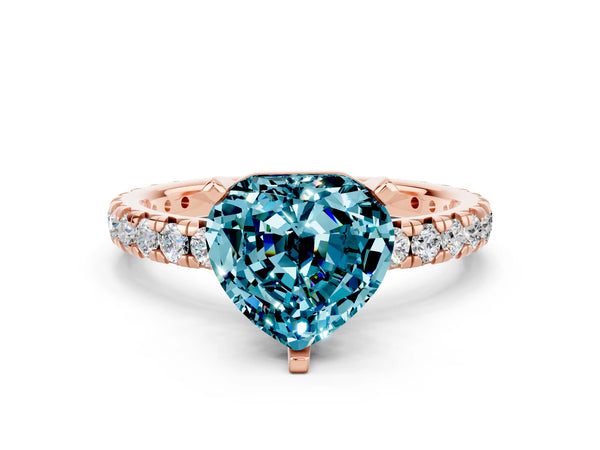 Rose gold Heart Cut Blue Topaz Pavé Solitaire Ring with Round Band and Prong Setting