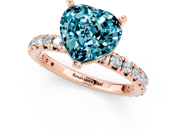 Rose gold Heart Cut Blue Topaz Pavé Solitaire Ring with Round Band and Prong Setting