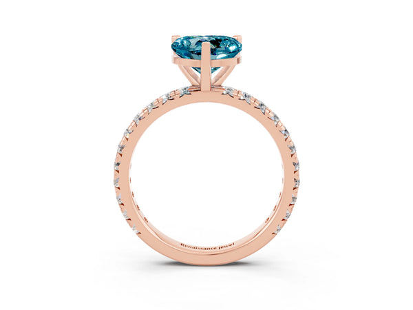 Rose gold Heart Cut Blue Topaz Pavé Solitaire Ring with Round Band and Prong Setting