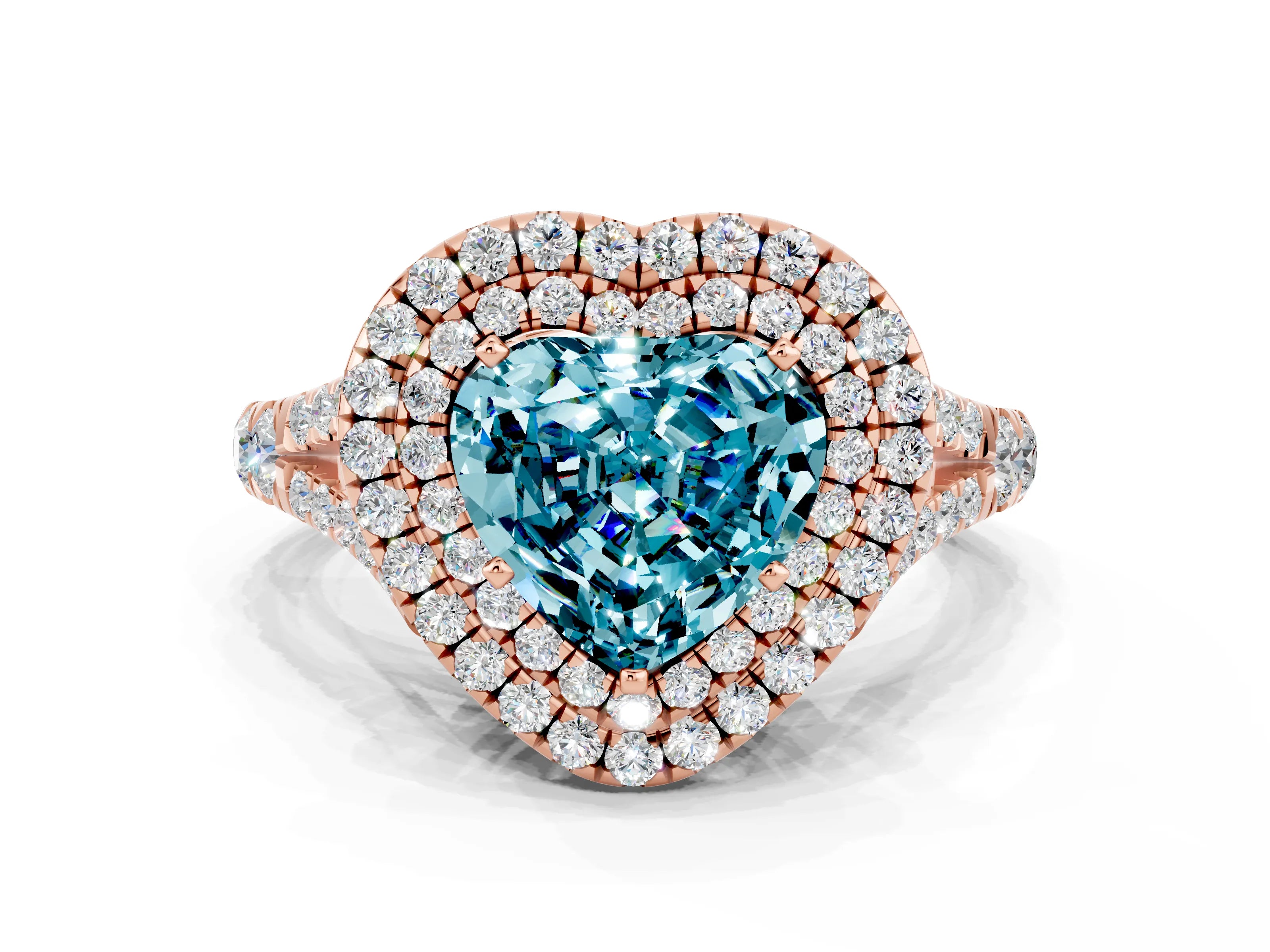 Rose gold Heart Cut Blue Topaz Pavé Split Shank Double Halo Engagement Ring