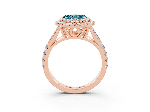 Rose gold Heart Cut Blue Topaz Pavé Split Shank Double Halo Engagement Ring