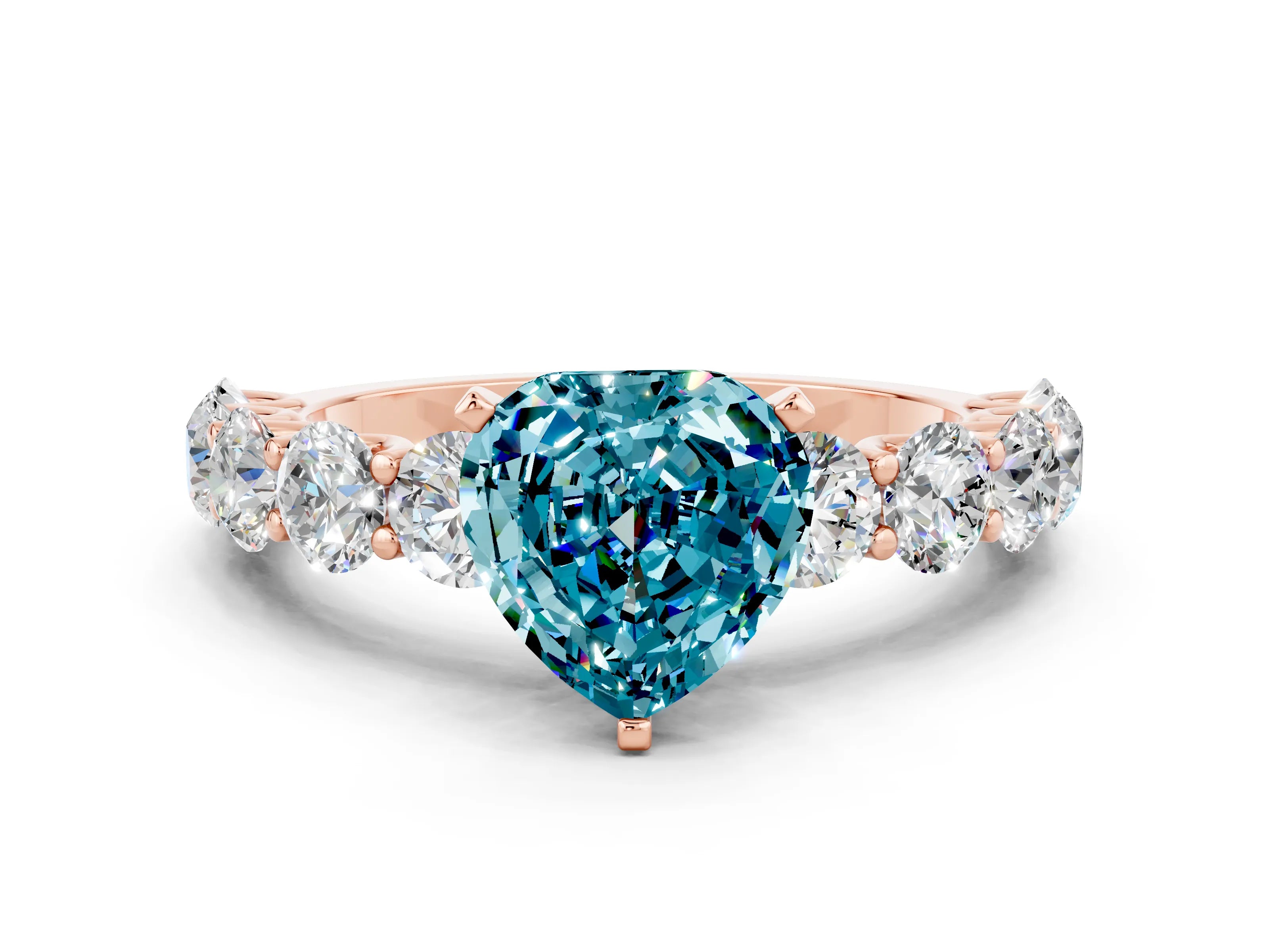 Rose gold Heart Cut Blue Topaz Prong Setting with Side Stones on a Pave Band