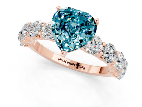 Rose gold Heart Cut Blue Topaz Prong Setting with Side Stones on a Pave Band_1