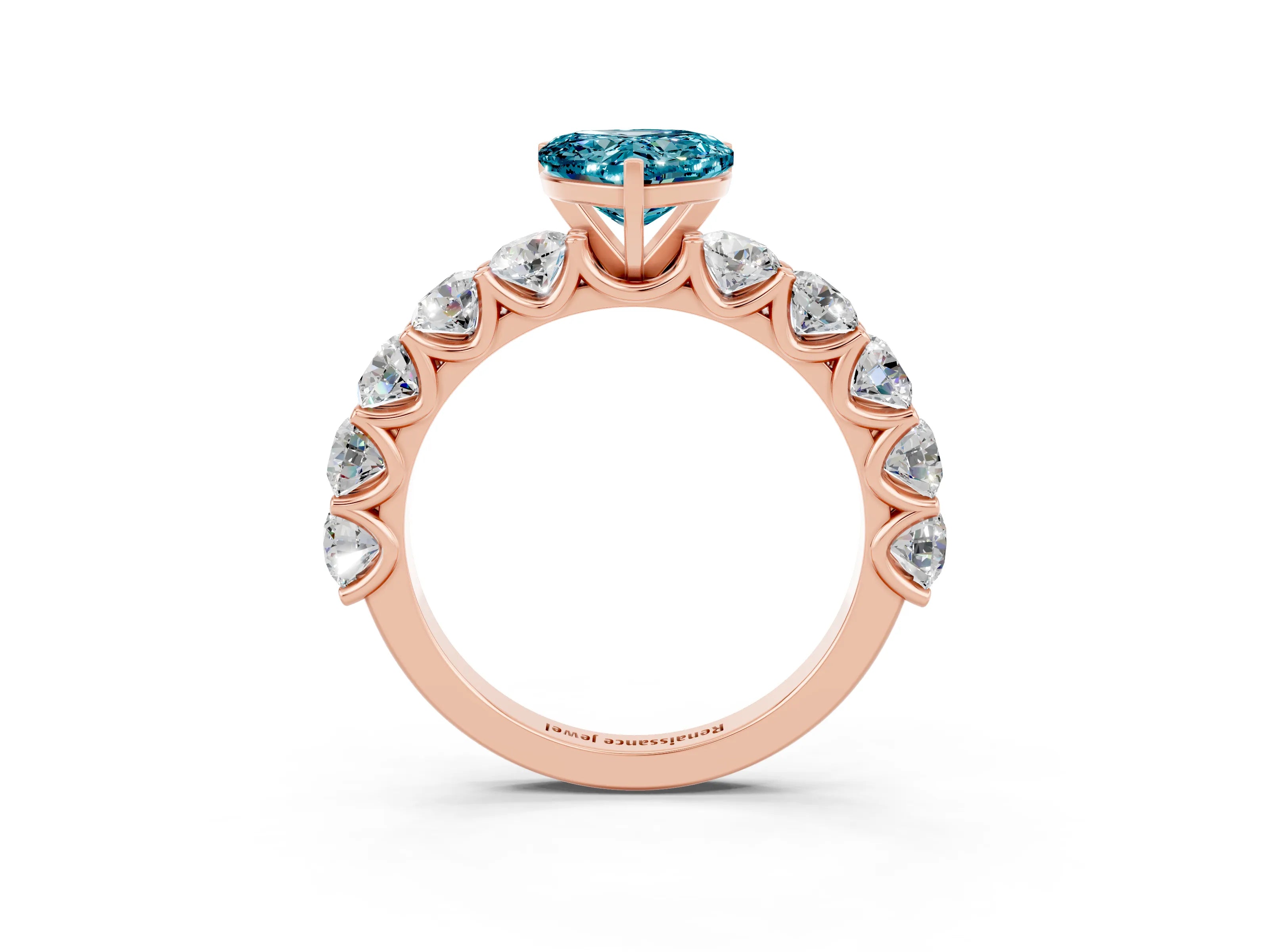 Rose gold Heart Cut Blue Topaz Prong Setting with Side Stones on a Pave Band_3