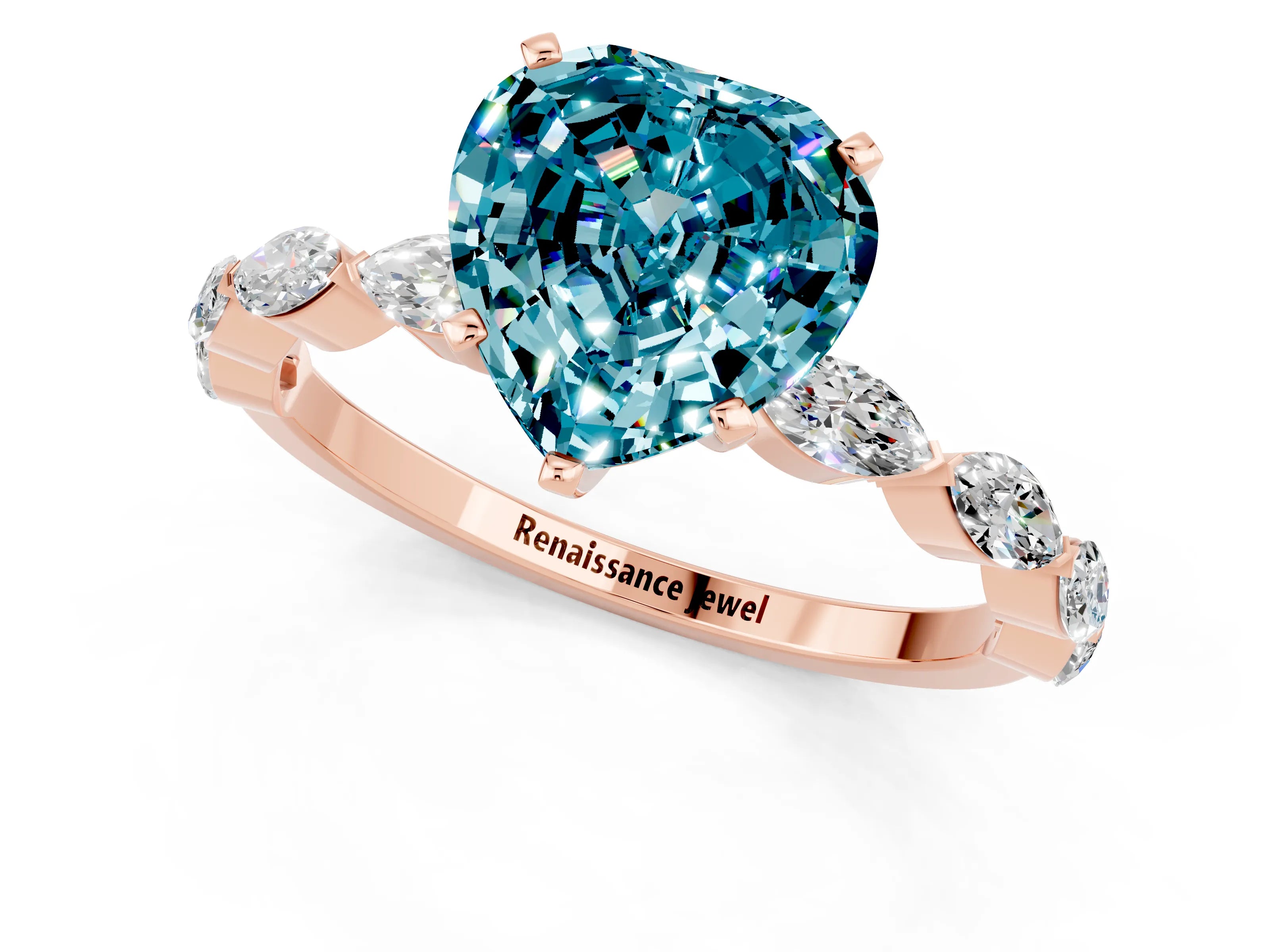 Rose gold Heart Cut Blue Topaz Ring with Marquise Side Stones and Prong Setting_1