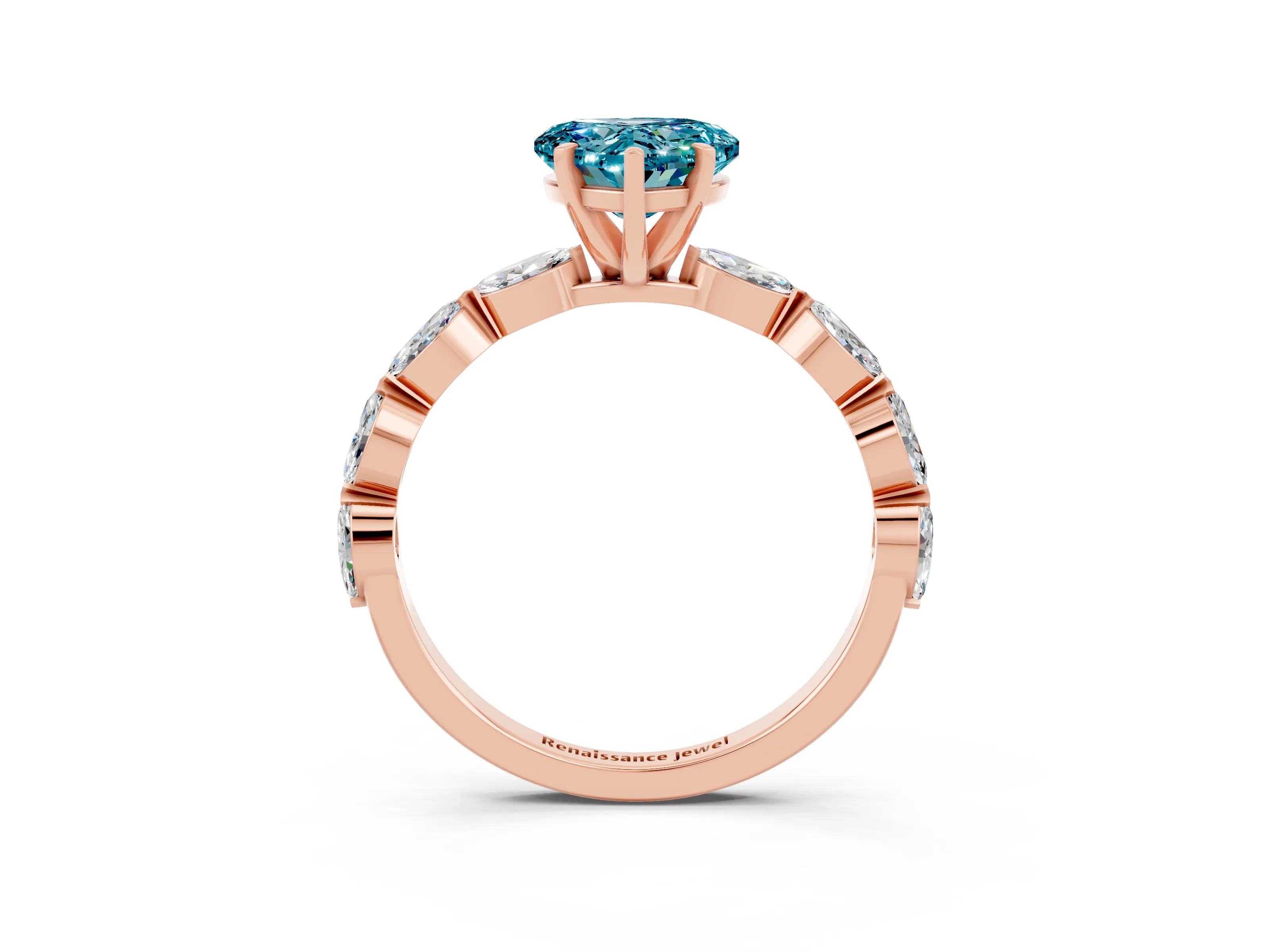 Rose gold Heart Cut Blue Topaz Ring with Marquise Side Stones and Prong Setting_3