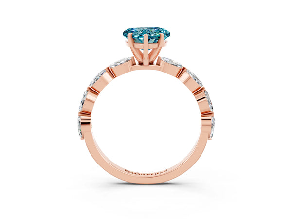 Rose gold Heart Cut Blue Topaz Ring with Marquise Side Stones and Prong Setting