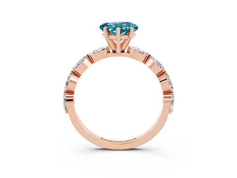 Rose gold Heart Cut Blue Topaz Ring with Marquise Side Stones and Prong Setting_3