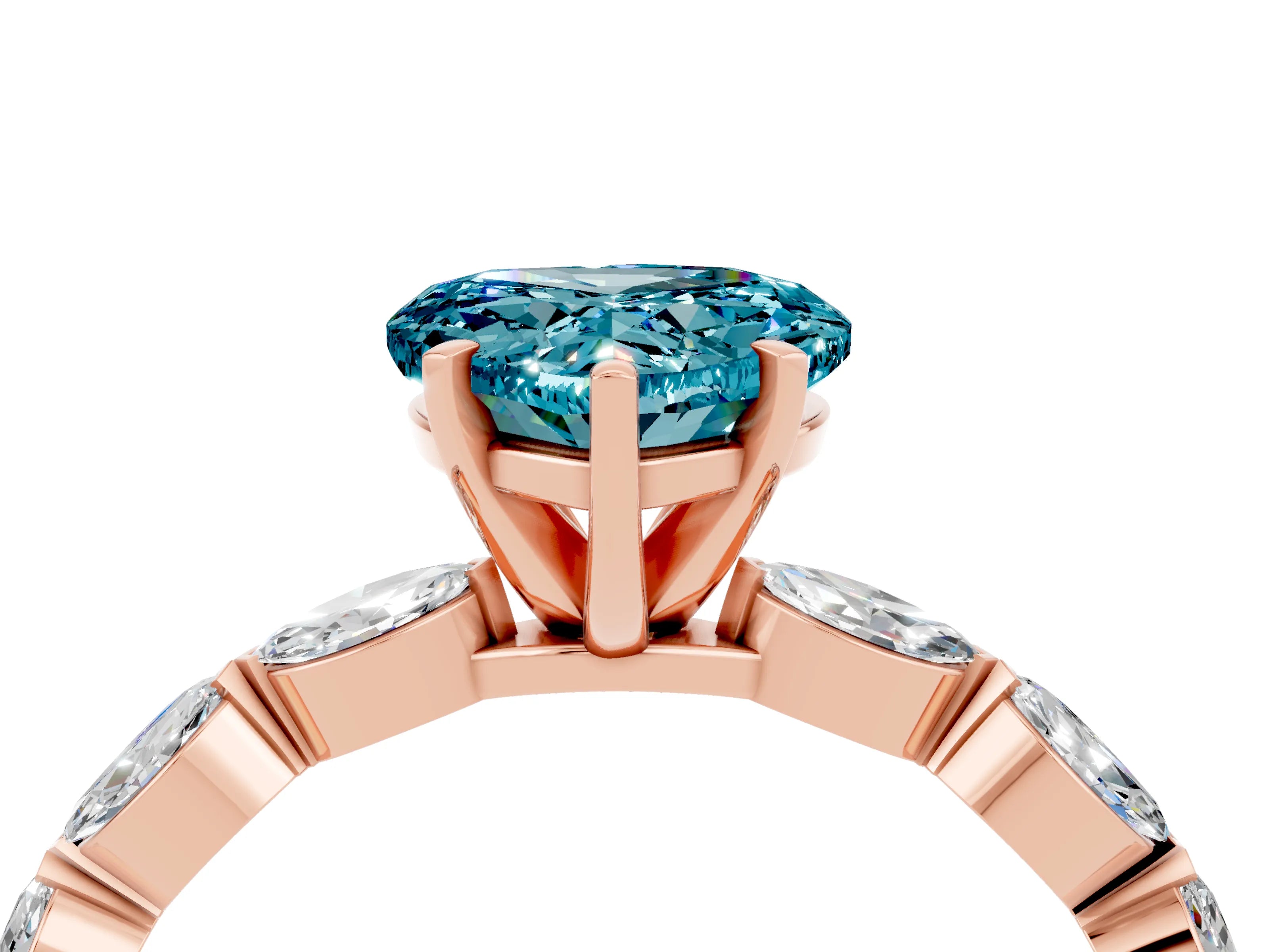 Rose gold Heart Cut Blue Topaz Ring with Marquise Side Stones and Prong Setting_4