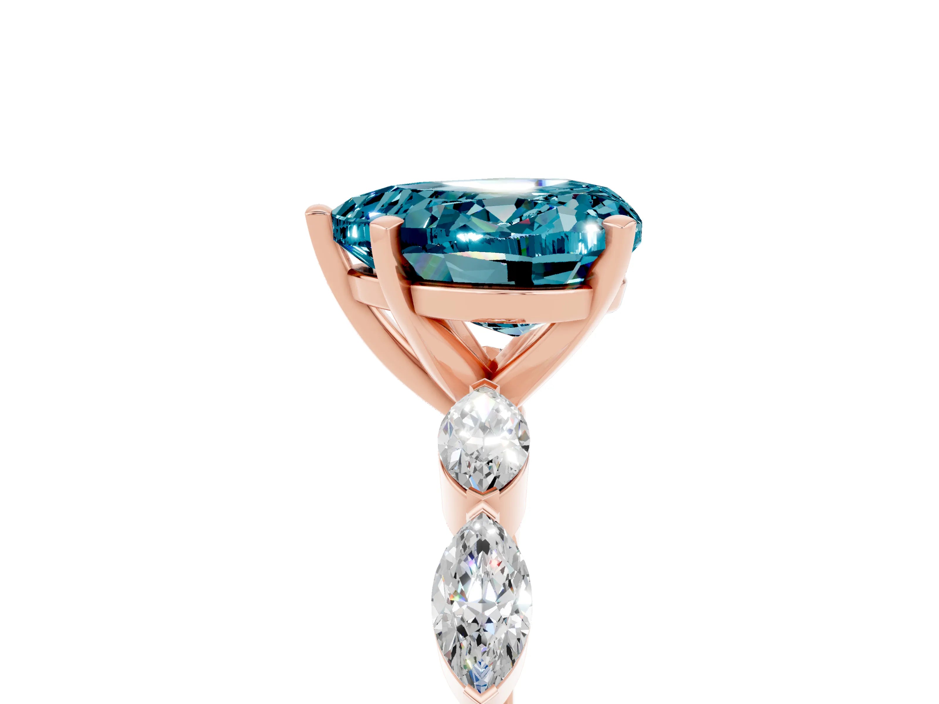 Rose gold Heart Cut Blue Topaz Ring with Marquise Side Stones and Prong Setting_5
