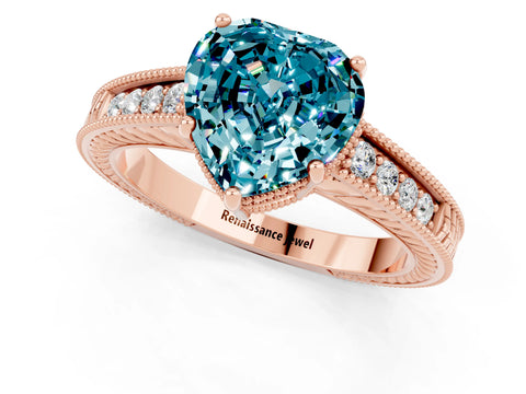 Rose gold Heart Cut Blue Topaz Ring with Milgrain Pavé Band and Four-Prong Setting_13