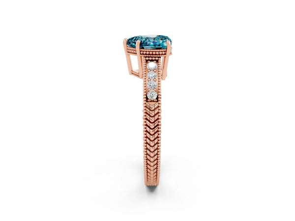 Rose gold Heart Cut Blue Topaz Ring with Milgrain Pavé Band and Four-Prong Setting