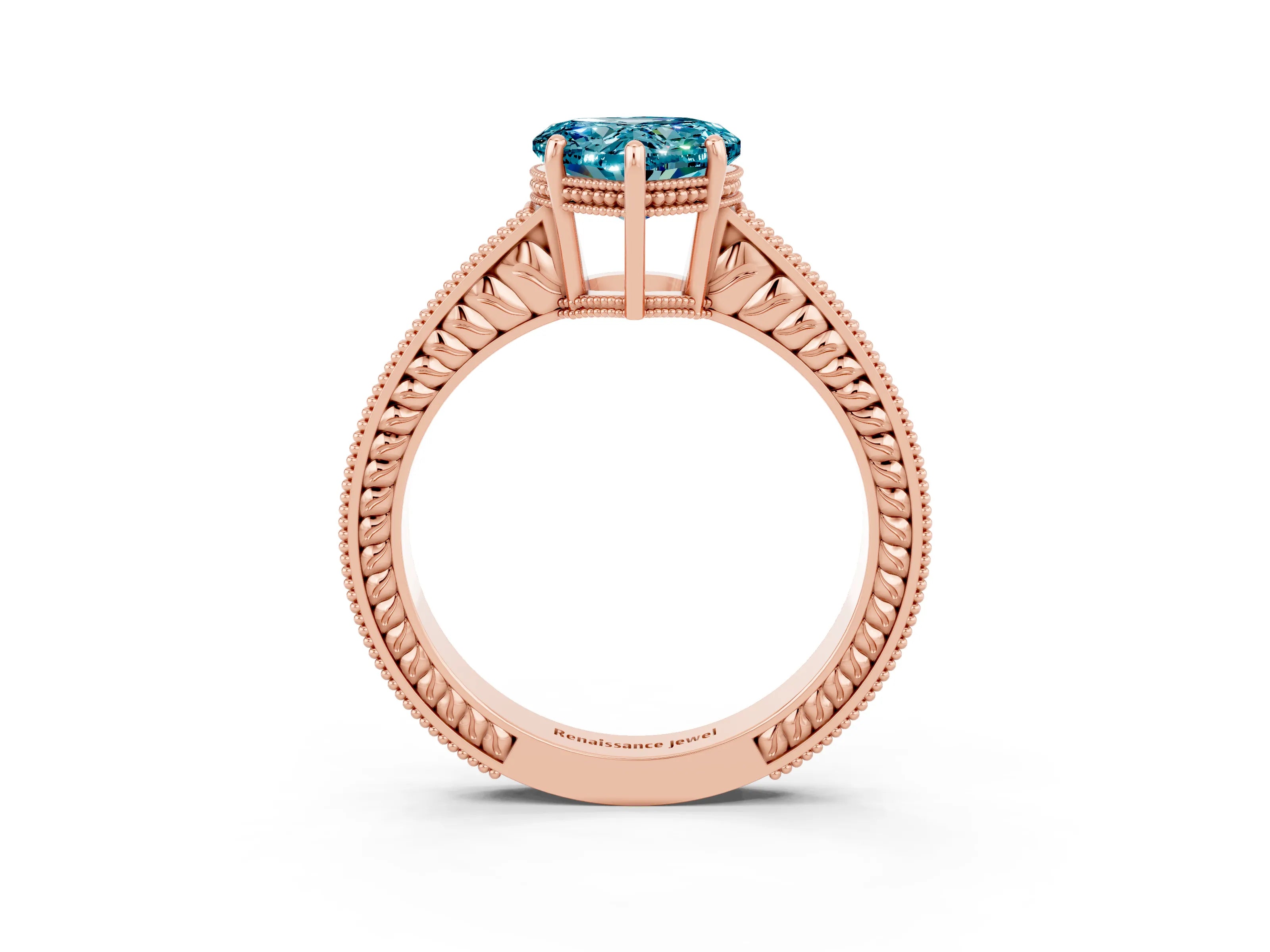 Rose gold Heart Cut Blue Topaz Ring with Milgrain Pavé Band and Four-Prong Setting_15