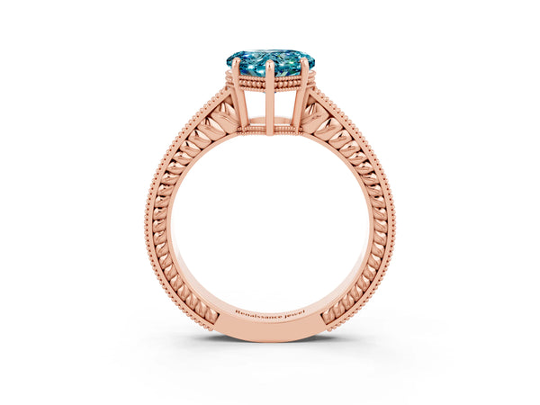 Rose gold Heart Cut Blue Topaz Ring with Milgrain Pavé Band and Four-Prong Setting