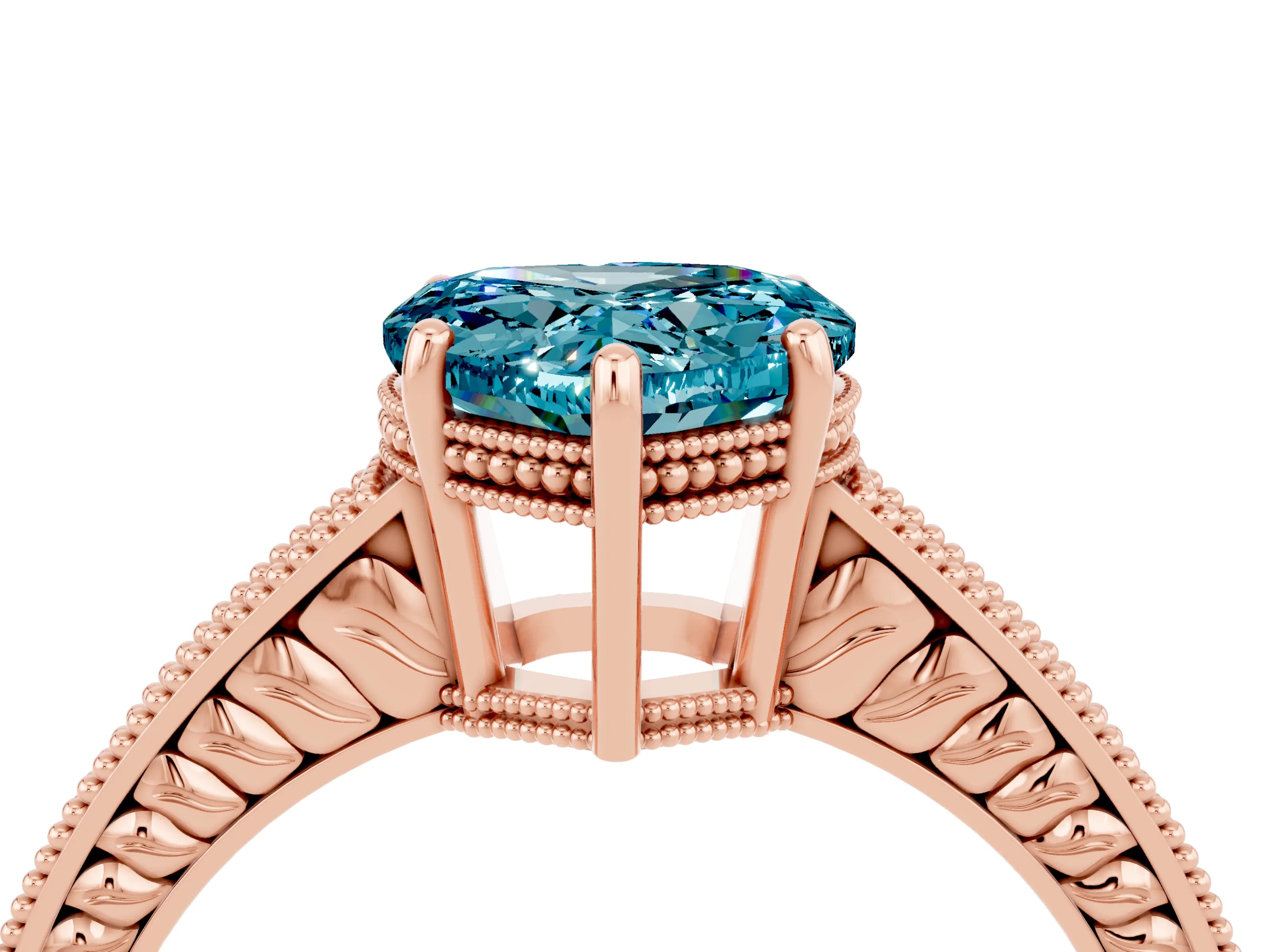 Rose gold Heart Cut Blue Topaz Ring with Milgrain Pavé Band and Four-Prong Setting_16
