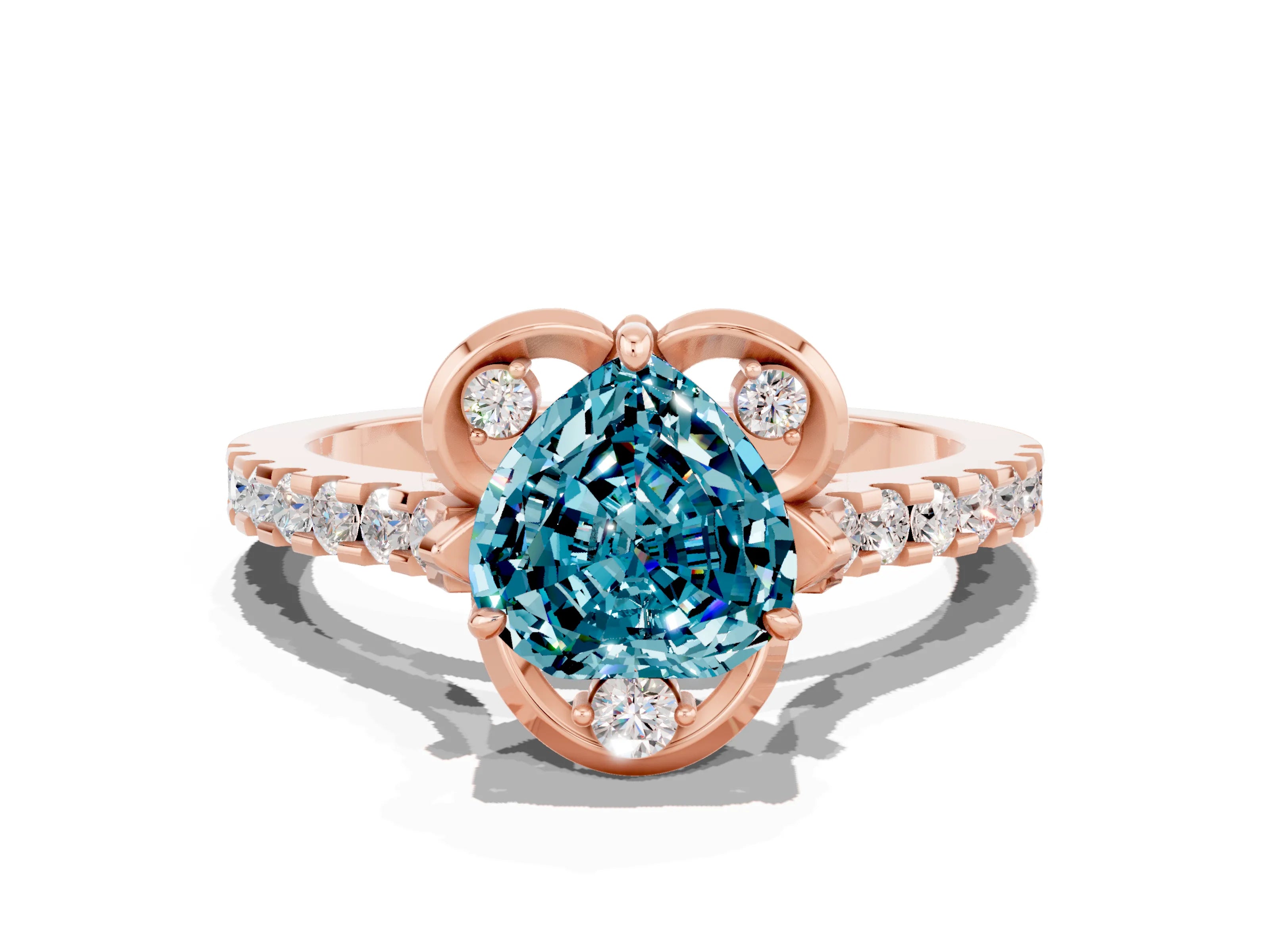 Rose gold Heart Cut Blue Topaz Ring with Pavé Band and Floral Prong Setting