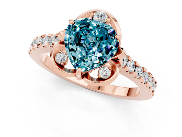 Rose gold Heart Cut Blue Topaz Ring with Pavé Band and Floral Prong Setting