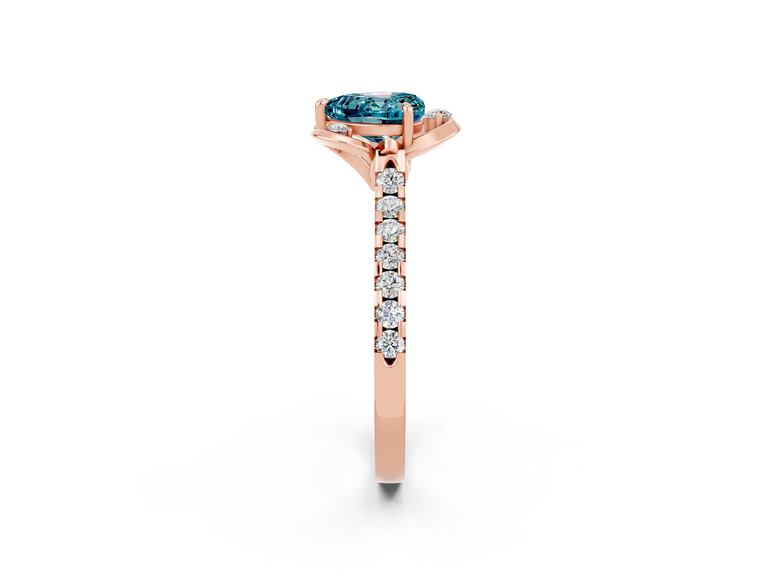 Rose gold Heart Cut Blue Topaz Ring with Pavé Band and Floral Prong Setting_2
