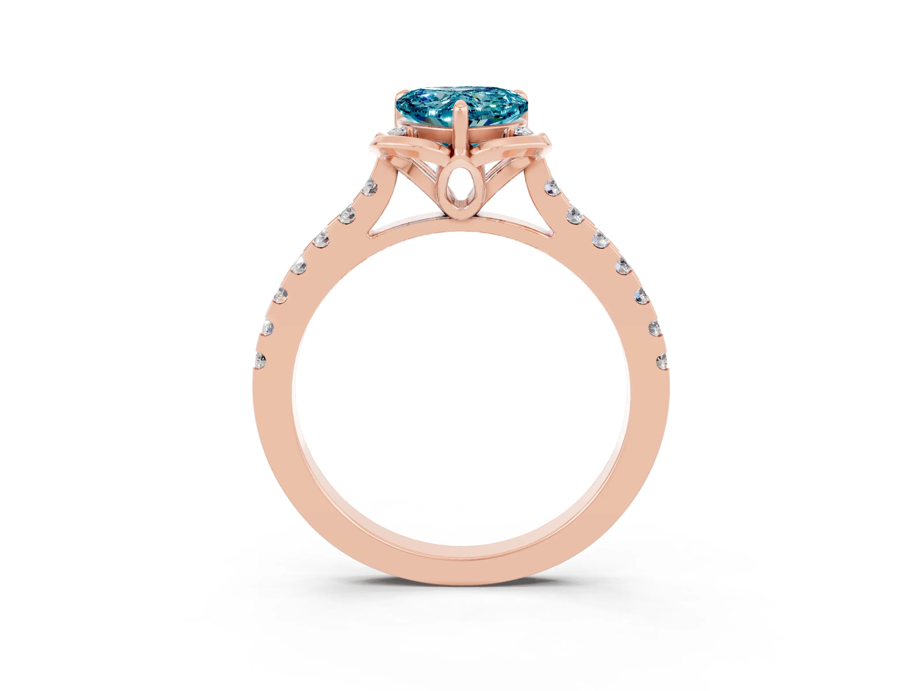 Rose gold Heart Cut Blue Topaz Ring with Pavé Band and Floral Prong Setting_3