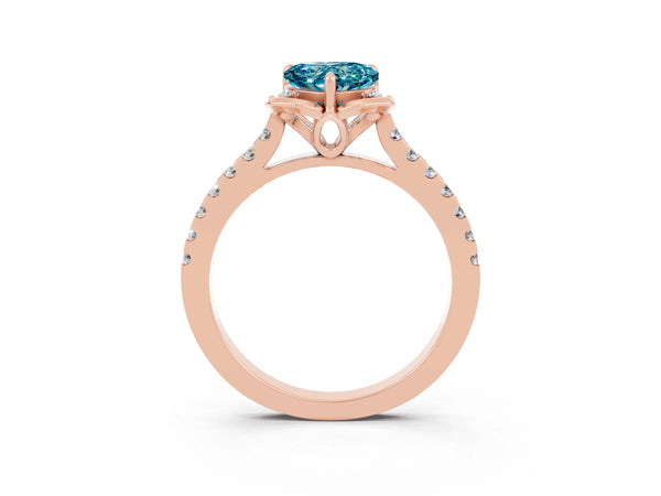 Rose gold Heart Cut Blue Topaz Ring with Pavé Band and Floral Prong Setting