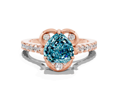 Rose gold Heart Cut Blue Topaz Ring with Pavé Band and Floral Prong Setting