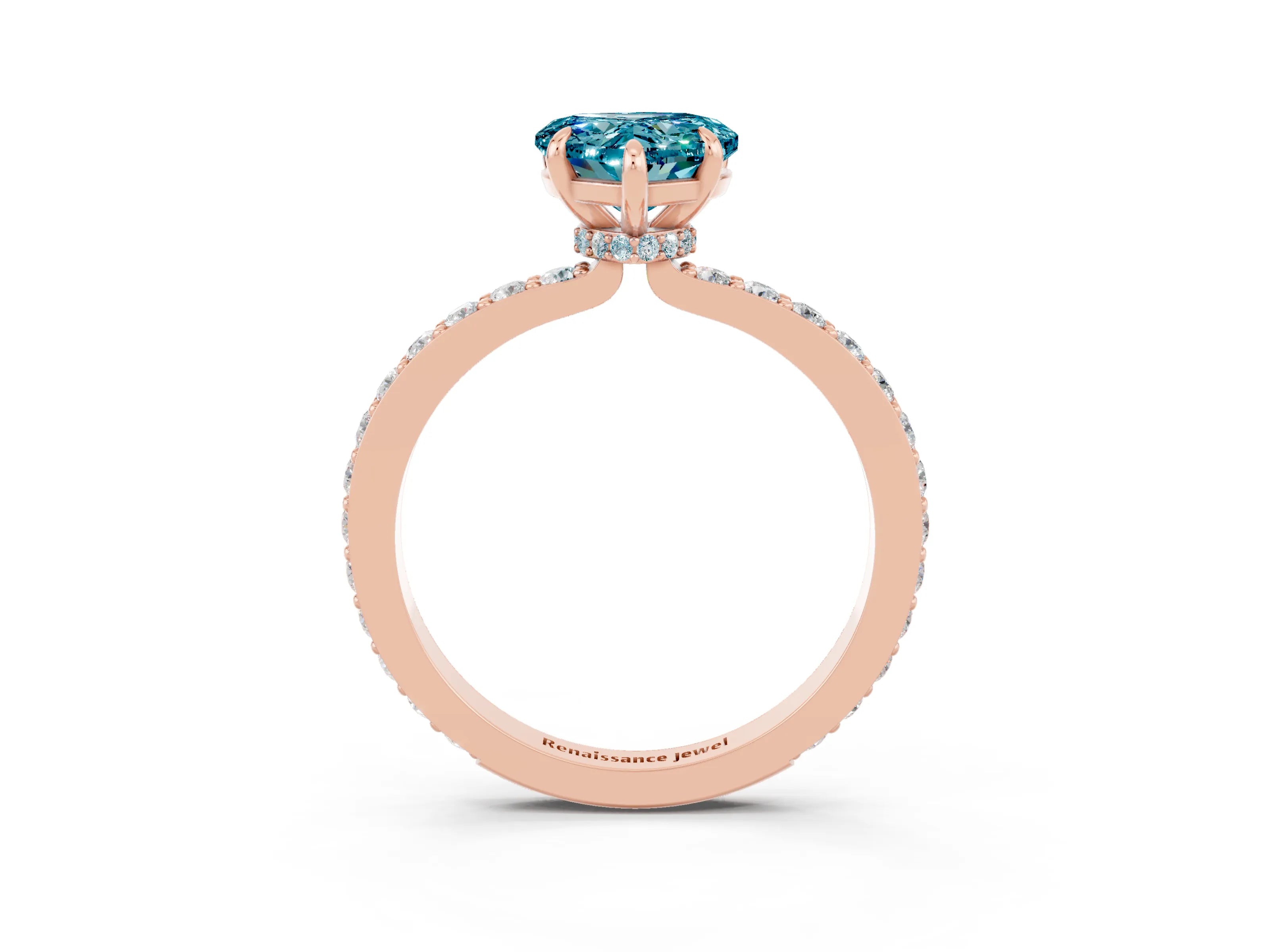 Rose gold Heart Cut Blue Topaz Ring with Pavé Band and Four-Prong Setting_3