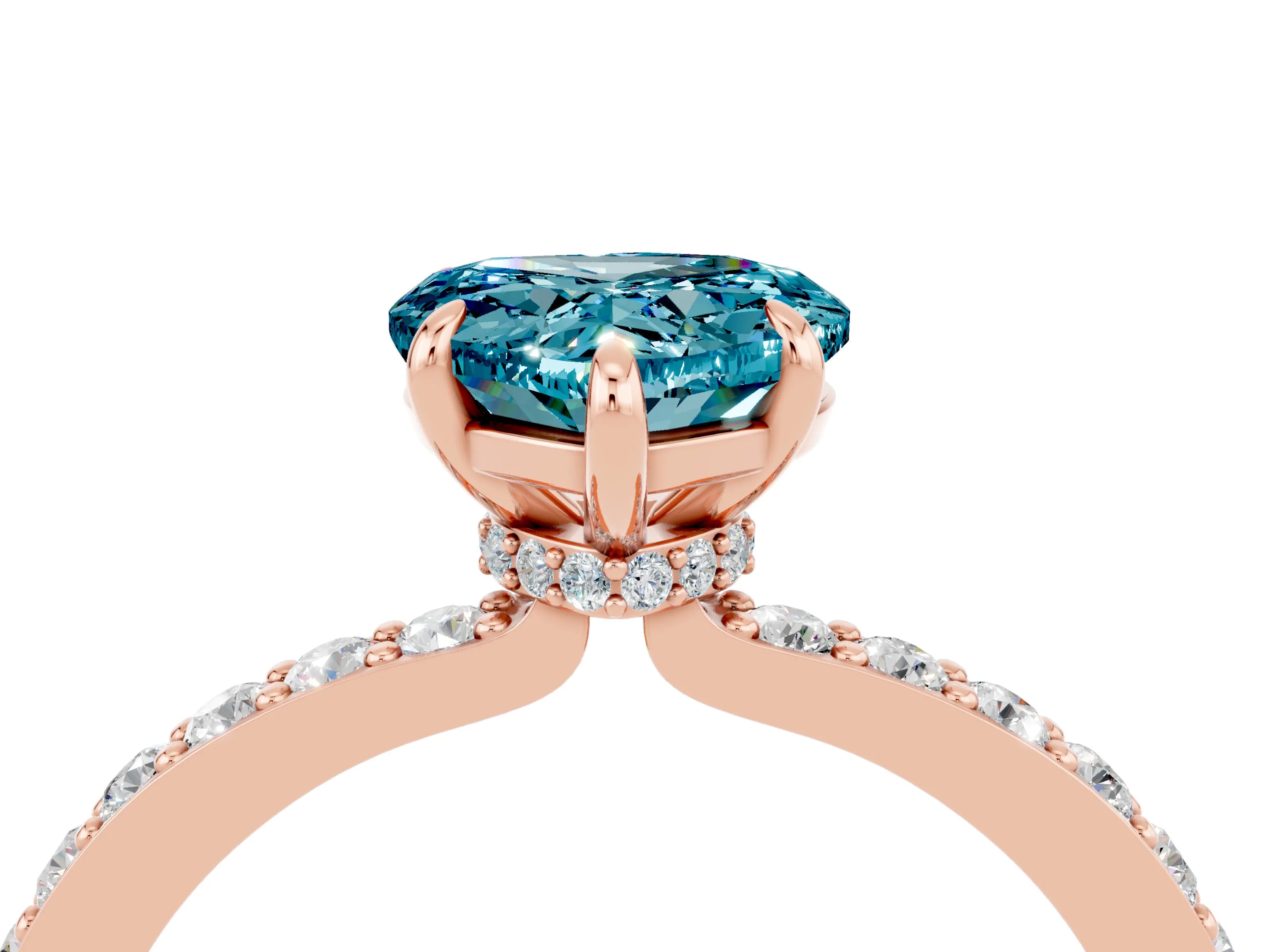 Rose gold Heart Cut Blue Topaz Ring with Pavé Band and Four-Prong Setting_4