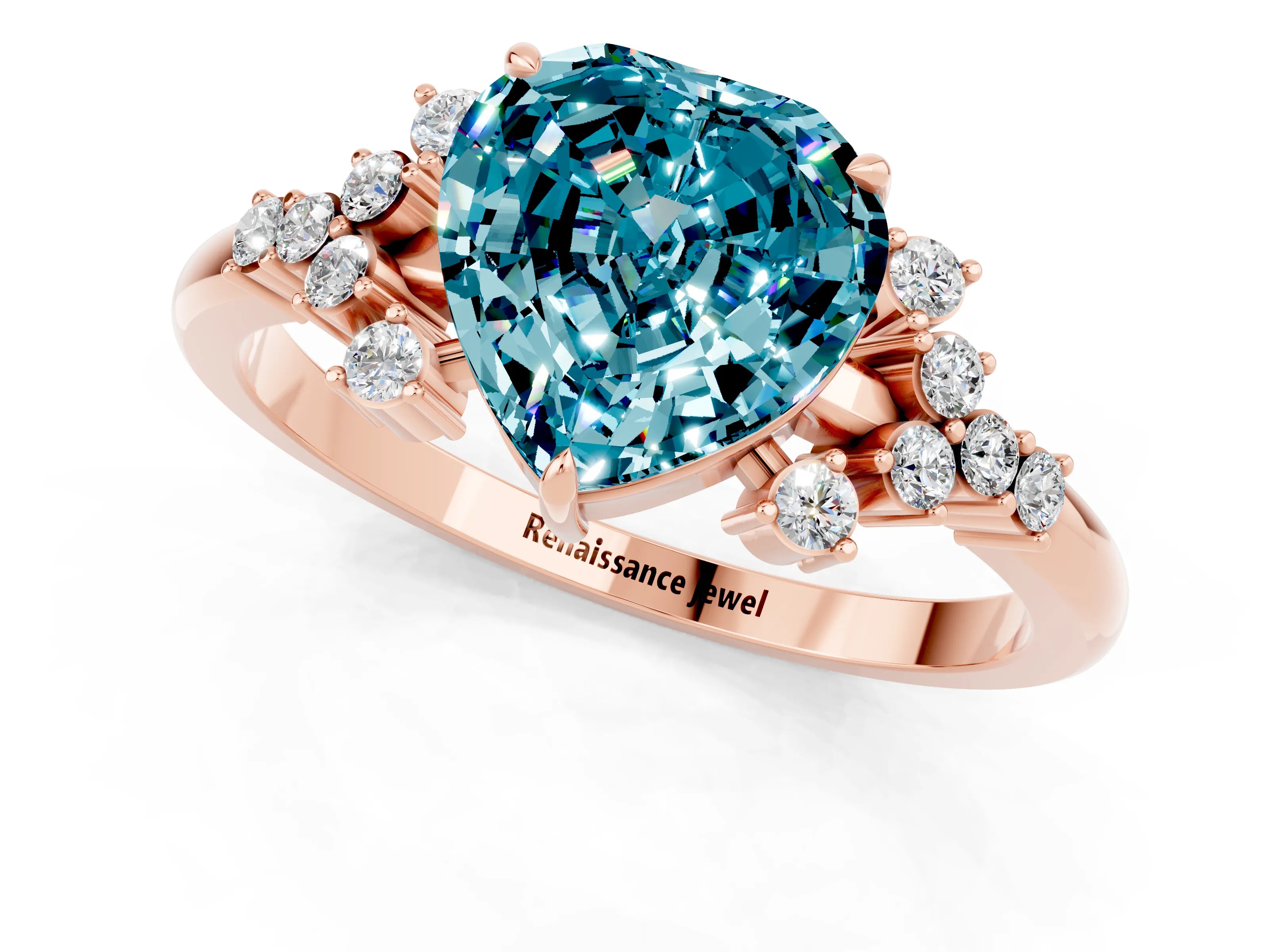 Rose gold Heart Cut Blue Topaz Ring with Side Stones and Four-Prong Setting_37