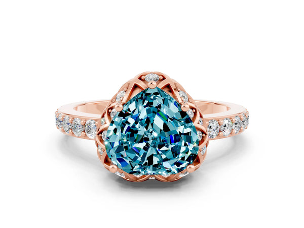 Rose gold Heart Cut Blue Topaz Scalloped Halo Engagement Ring with Round Shared Prong Band
