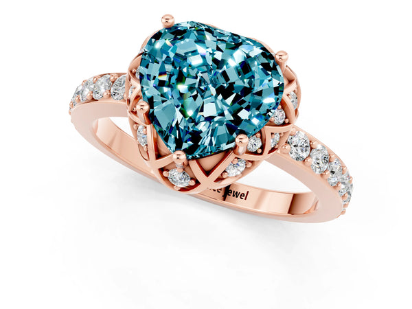 Rose gold Heart Cut Blue Topaz Scalloped Halo Engagement Ring with Round Shared Prong Band