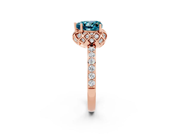 Rose gold Heart Cut Blue Topaz Scalloped Halo Engagement Ring with Round Shared Prong Band