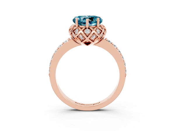 Rose gold Heart Cut Blue Topaz Scalloped Halo Engagement Ring with Round Shared Prong Band