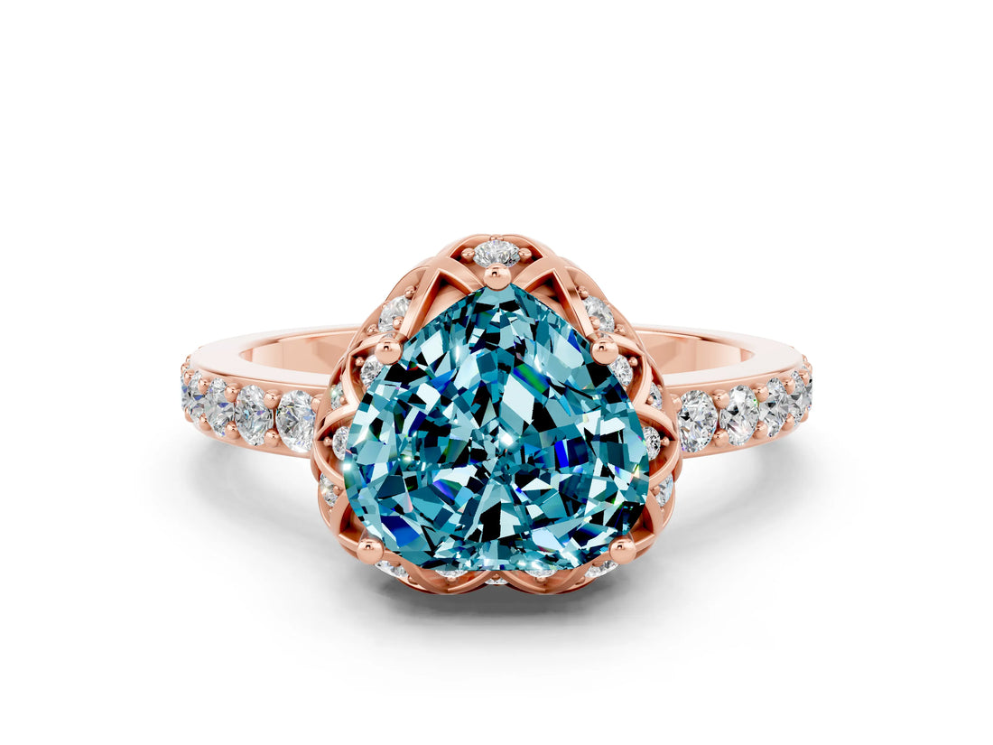 Rose gold Heart Cut Blue Topaz Scalloped Halo Engagement Ring with Round Shared Prong Band_24