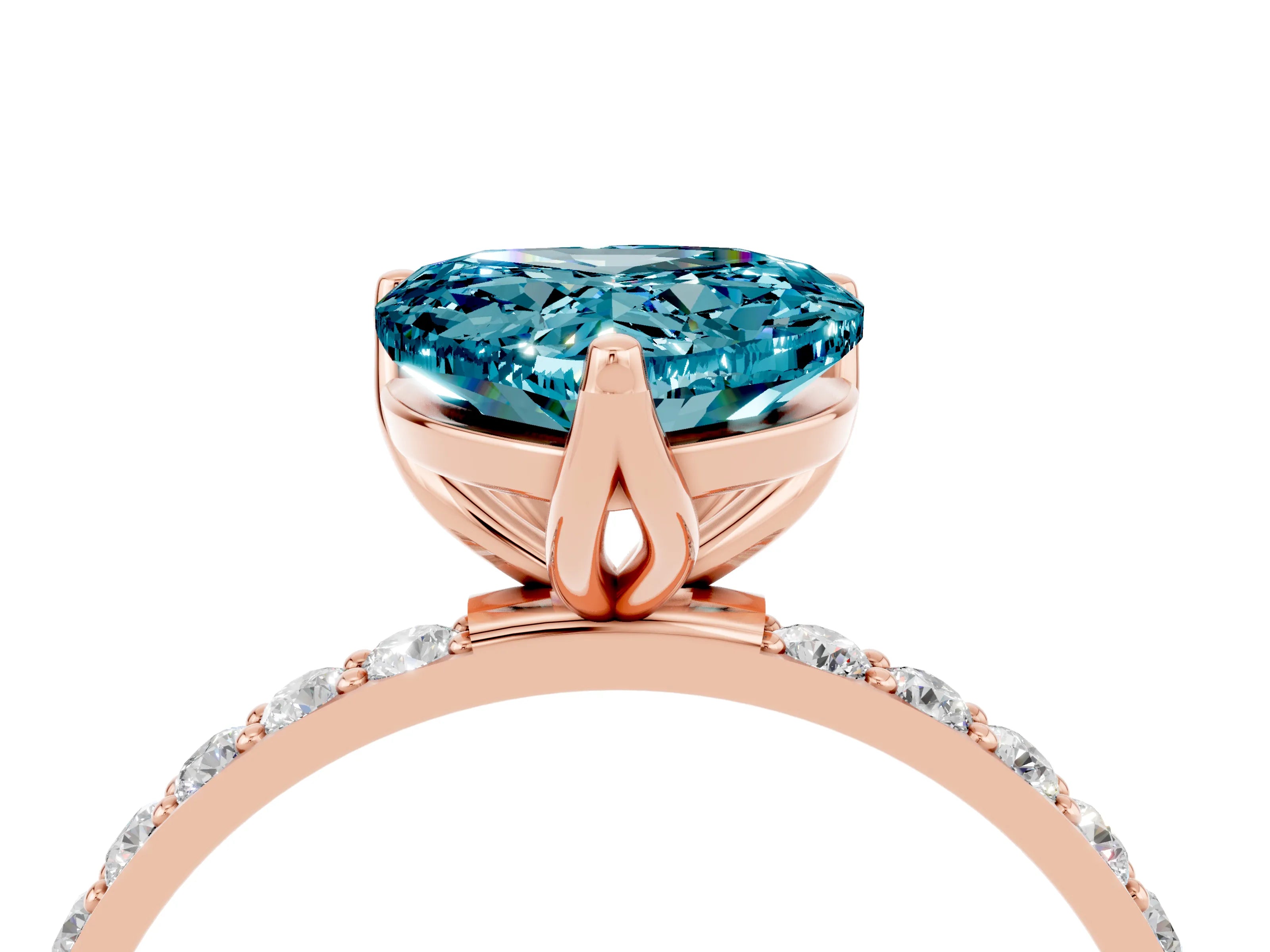Rose gold Heart Cut Blue Topaz Solitaire Engagement Ring with Pavé Band and Prong Setting_4