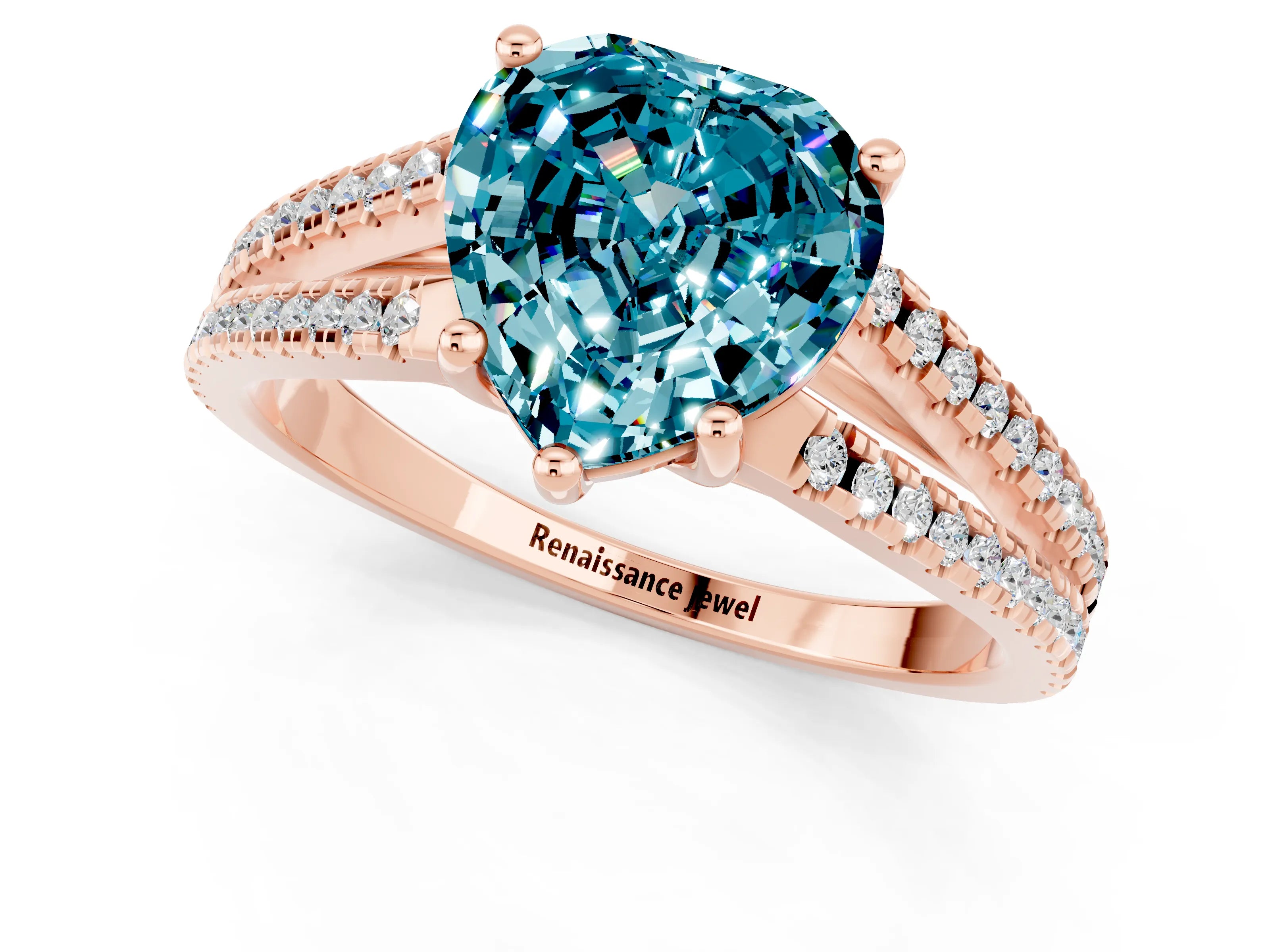 Rose gold Heart Cut Blue Topaz Solitaire Engagement Ring with Split Shank Pavé Band_1