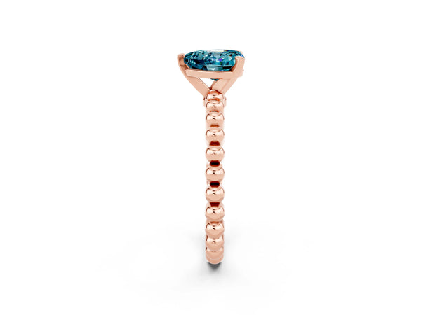 Rose gold Heart Cut Blue Topaz Solitaire Ring with Beaded Band and Prong Setting