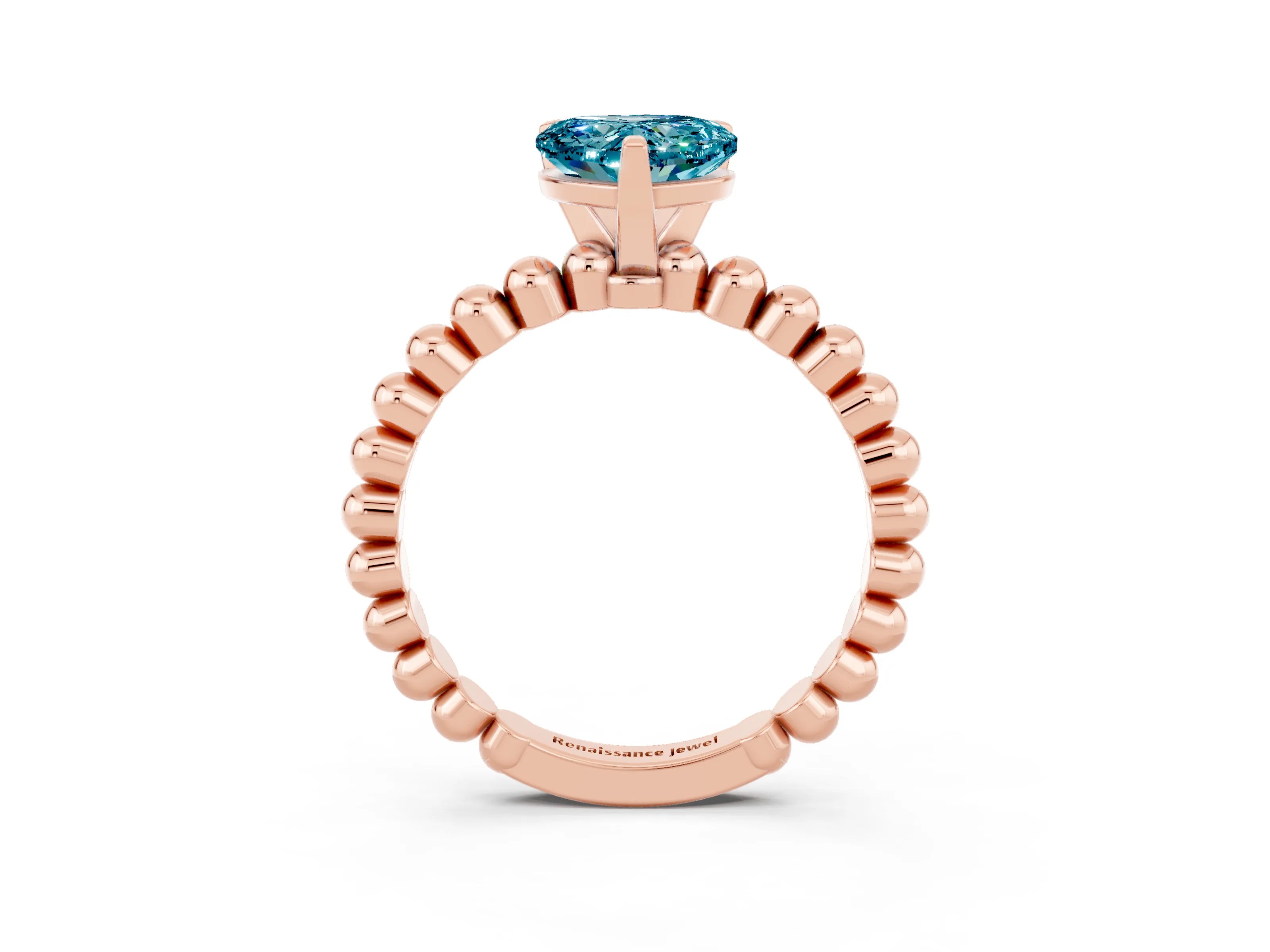 Rose gold Heart Cut Blue Topaz Solitaire Ring with Beaded Band and Prong Setting_3