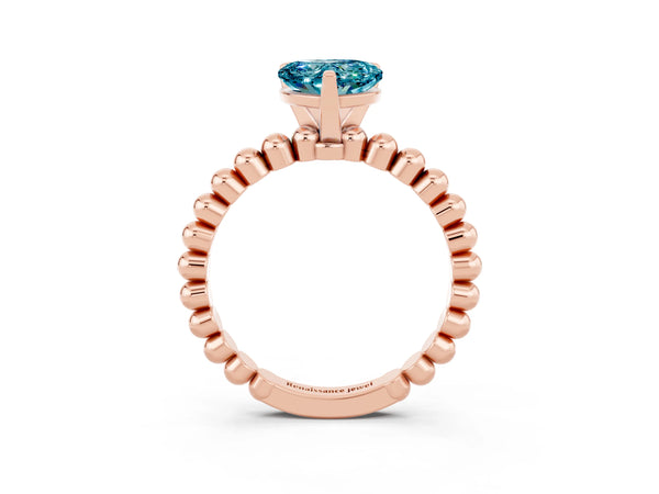 Rose gold Heart Cut Blue Topaz Solitaire Ring with Beaded Band and Prong Setting