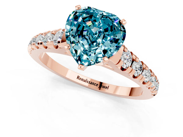 Rose gold Heart Cut Blue Topaz Cathedral Solitaire Ring with Round  Pavé Band