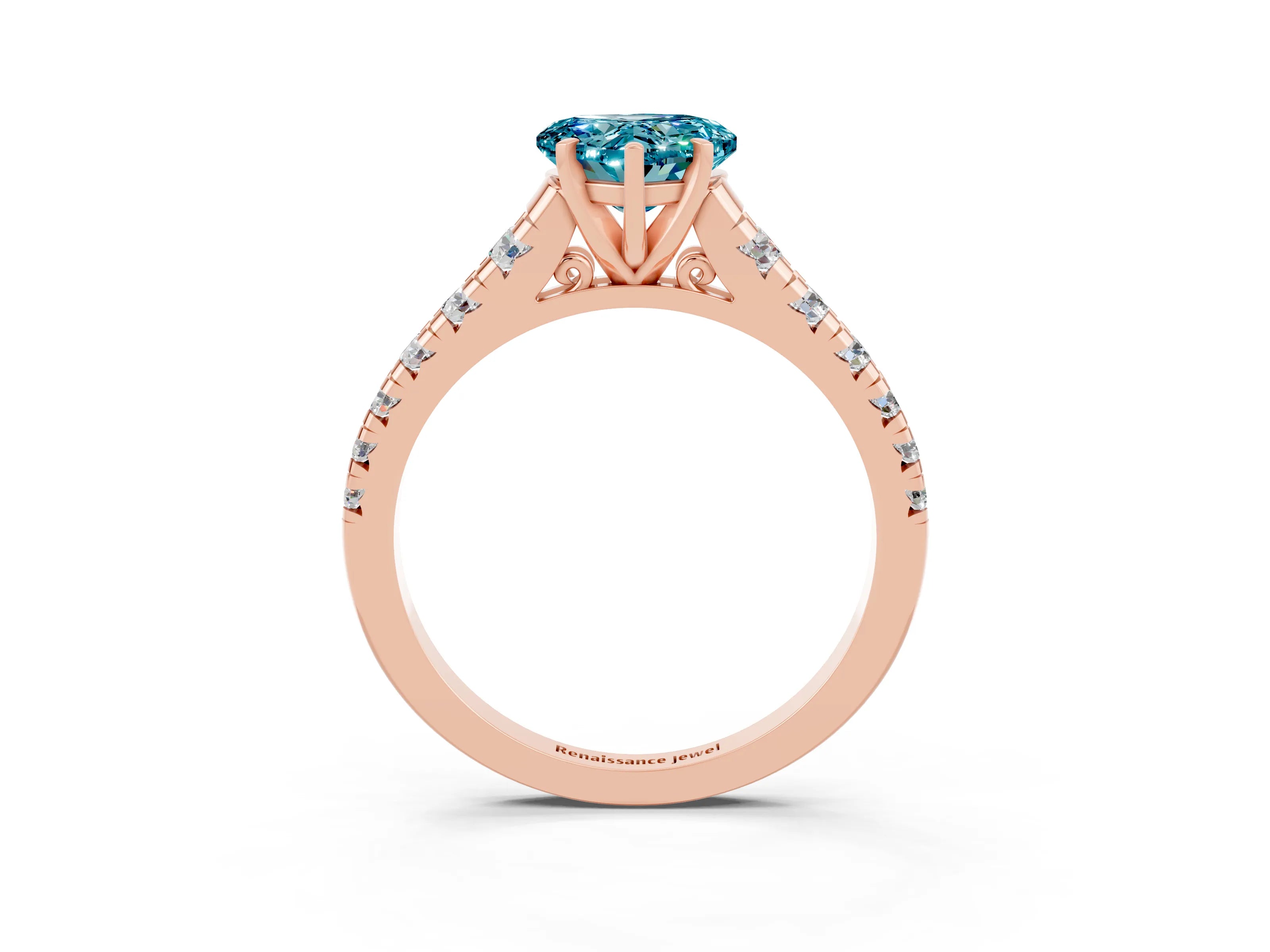 Rose gold Heart Cut Blue Topaz Solitaire Ring with Cathedral Setting and Pavé Band_3